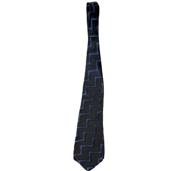 Hugo Boss 100% Silk Black & Blue Zigzag Pattern Mens Tie - Picture 6 of 9